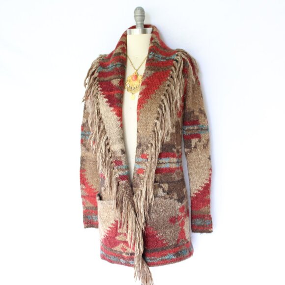 SOLD. RALPH LAUREN Denim Supply fringe polo RRL wool Aztec tribal Cardigan - Picture 2 of 10